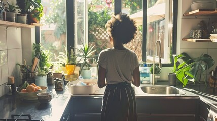 Child gazing outside from a cozy kitchen - A backlit image of a young child standing at a kitchen sink, looking out the window to a garden - obrazy, fototapety, plakaty