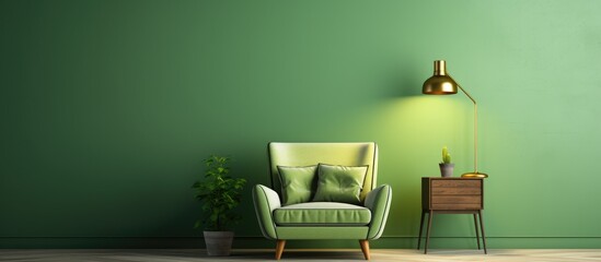 Green living room wall background with grey chair, lamp, table, and poster.
