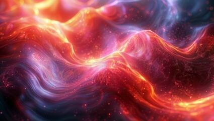 An abstract, fluid-like composition with flowing shapes and patterns reminiscent of cosmic phenomena or liquid dynamics. Warm and cool tones intertwine, with shades of red, orange, yellow, and purple.