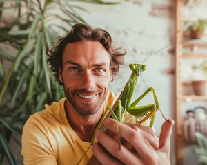 A man holds a praying mantis in front of his face. - Powered by Adobe