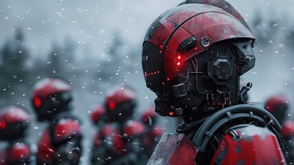 Futuristic soldier in red armor in snow - A highly detailed futuristic soldier clad in red armor stands during a snowfall, representing advanced warfare