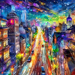 In a big city's nocturnal embrace, luminous streaks adorn the sleek contours of a modern building, painting a mesmerizing canvas of urban vitality and motion.