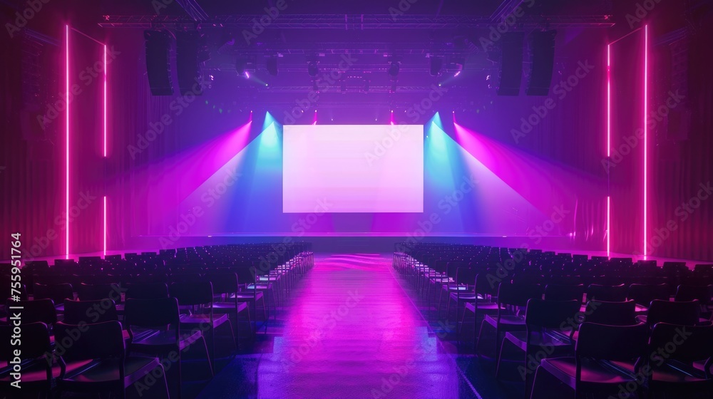 Poster A room with rows of chairs and a large screen for presentations. Ideal for business meetings or seminars.