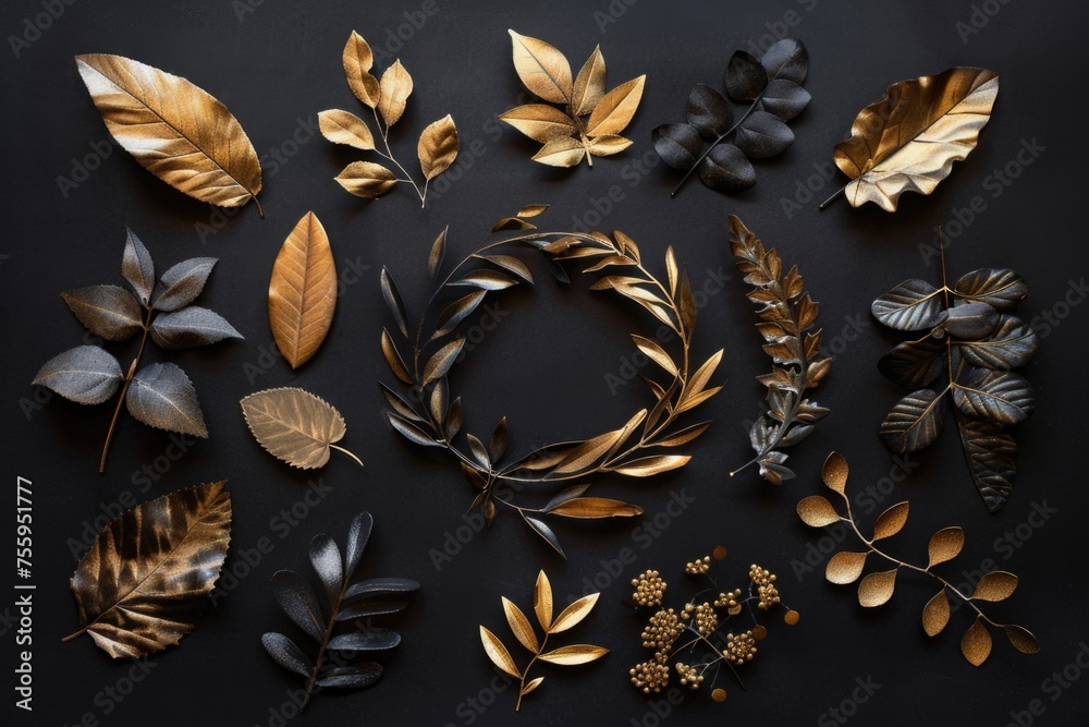 Poster assorted leaves on dark surface, suitable for nature concepts.
