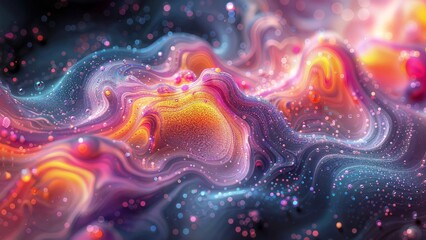 An abstract, colorful swirl of fluid-like shapes and patterns resembling cosmic clouds or amoebic forms. The colors range from deep purples and blues to vivid oranges and yellows. - obrazy, fototapety, plakaty