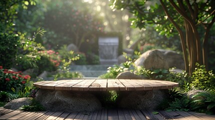 A rustic 3D circle wood podium set against a serene nature background, blending natural elements with modern design - obrazy, fototapety, plakaty