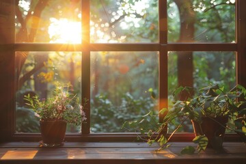 Sunlit plants in a cozy window setting - Warm sunlight streaming through a window illuminating lush indoor plants on a wooden windowsill