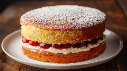 Victoria sponge cake on plate with powdered sugar
