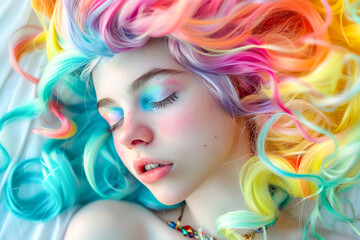 Closeup of a young sleeping beauty with vivid makeup, eye shadows and rainbow coloured hair.