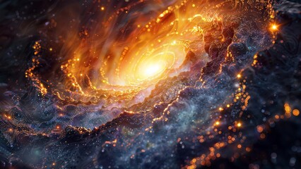A powerful and dynamic cosmic scene, resembling an exploding supernova or a vibrant, swirling nebula. At the center is a brilliant, glowing core surrounded by twisting. - obrazy, fototapety, plakaty