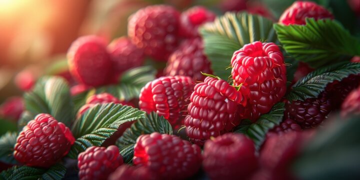 Raspberry bush with bright red berries and green leaves close-up.
