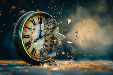 old antique clock explodes into pieces. Time is running out, no time left, and deadline concept