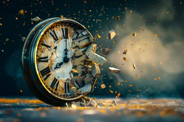 Foto op Canvas old antique clock explodes into pieces. Time is running out, no time left, and deadline concept © ReaverCrest