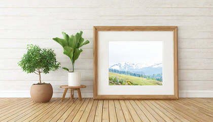 Horizontall wood frame mock up. Wooden frame poster on wooden floor with white wall. Landscape frame