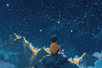 A boy sitting on a rock, looking up at the stars. Suitable for educational and inspirational content. - obrazy, fototapety, plakaty