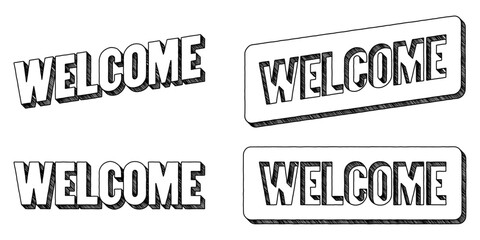 Word ‘Welcome’ written in doodle-style block lettering with three-dimensional shading effect