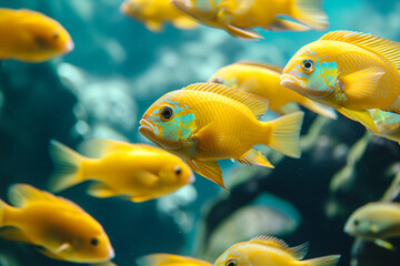 Naklejka premium Bunch of Electric yellow cichlids in the sea, African cichlids (Malawi Peacock), group of yellow small fish, metallic blue gray cichlids in freshwater, Haplochromis obliquidens, fish wallpaper concept