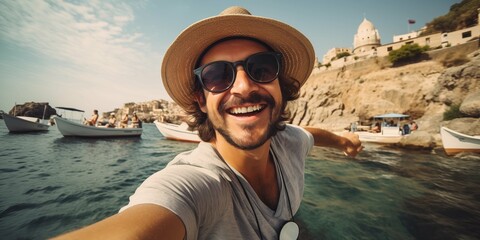 Man tourist taking a selfie on vacation  background - obrazy, fototapety, plakaty