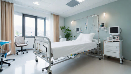 Fototapeta na wymiar Recovery Room with beds and comfortable medical equipped in a hospital. Intensive care unit