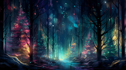 Enchanted Winter Forest, Illustration of a Magical Nighttime Scene, Where Trees Glisten with Frost and the Moonlight Casts a Spellbinding Glow. Captures the Mystique and Wonder of a Winter Fairy Tale