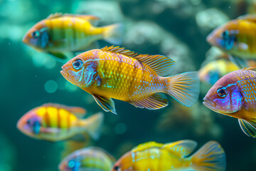 Fototapeta premium Haplochromis obliquidens, Electric yellow cichlid, cichlid, African cichlids (Malawi Peacock) in the sea. bunch of fish. yellow small fish, metallic blue gray cichlids in freshwater aquarium