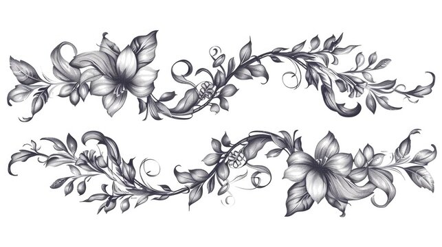 A detailed drawing of flowers and leaves on a white background. Perfect for botanical illustrations or nature-themed designs.