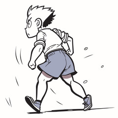 no background, back view of a lanky, sad asia middle aged man, short hair, running slowly away from camera, skirts, full body,including feet and head, summer wear, no bg, vector illustration line art
