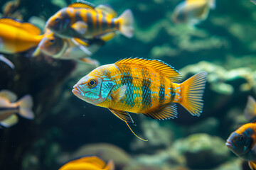 Haplochromis obliquidens, Electric yellow cichlid, cichlid, African cichlids (Malawi Peacock) in the sea. bunch of fish.  yellow small fish, metallic blue gray cichlids in freshwater aquarium