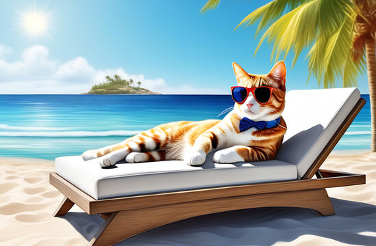 red cat lies importantly on a sun lounger on the seashore