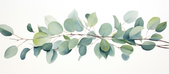 Botanical watercolor of eucalyptus branches.