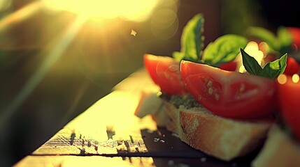 a close up of a sandwich with tomatoes and lettuce on a cutting board with the sun shining in the background.