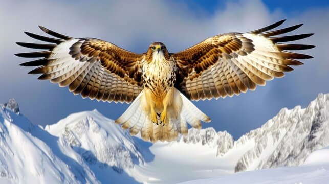 a large brown and white bird flying over a snow covered mountain covered with snow covered mountains in the distance are clouds and a blue sky.