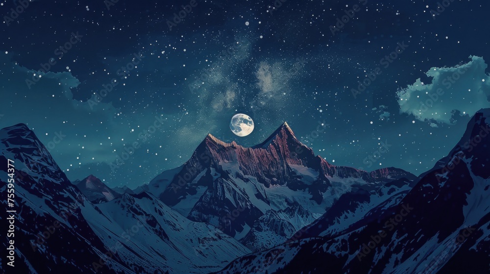 Poster a scenic view of a mountain with a full moon in the sky. perfect for nature and landscape concepts.