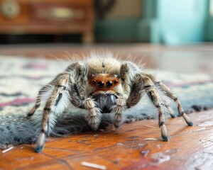 A detailed view of a spider crawling on a rug. - Powered by Adobe