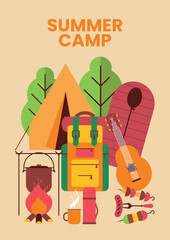Summer camp background with composition of hiking accessories. Сamping and travelling, active outdoor recreation. Poster, banner, flyer. Flat vector illustration