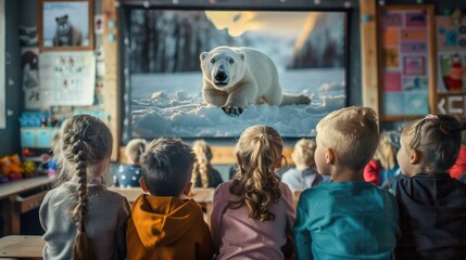 Children watching a documentary on saving endangered Arctic wildlife in a cozy classroom