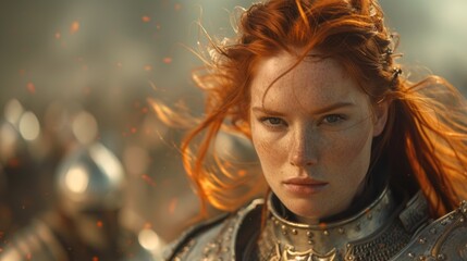 A strong, red-haired woman wearing armor looks directly at the camera with a confident expression.