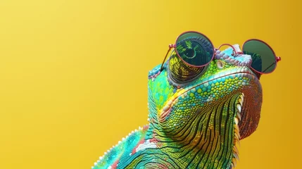  A cool chameleon lizard wearing sunglasses on a bright yellow background. Perfect for summer designs. © Fotograf