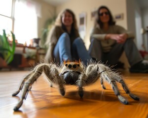 Two women sitting on floor in front of a spider. - obrazy, fototapety, plakaty