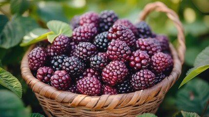 a basket full of raspberries sitting on top of a lush green leafy field of leaves on a sunny day.