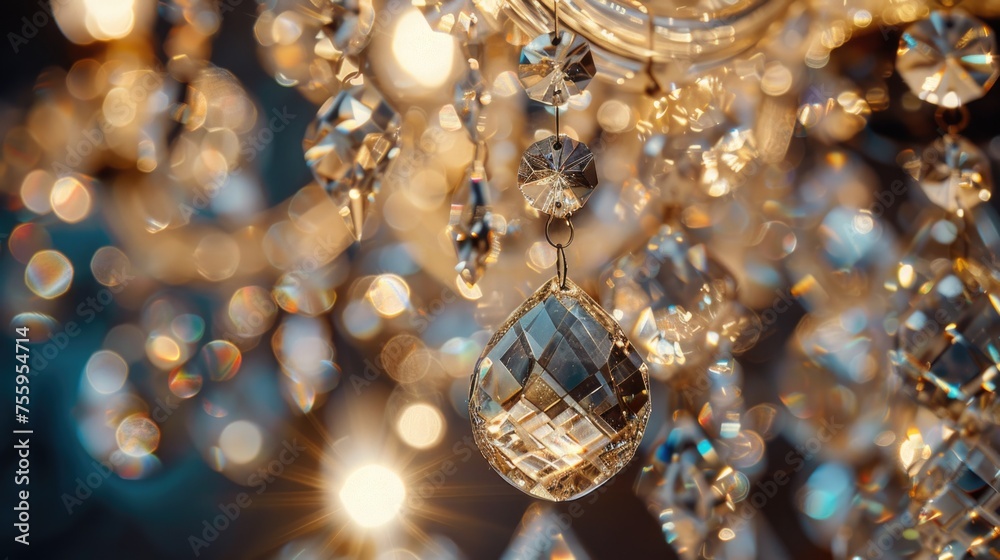 Poster Close up view of a chandelier with lights in the background. Suitable for interior design concepts.