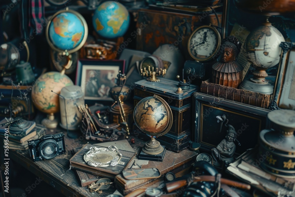 Poster A collection of various clocks on a table. Perfect for time management concepts.