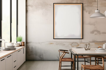 Wall with a empty mockup frame in a scandinavian style kitchen