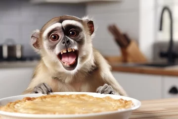 Fotobehang Humorous monkey wearing apron cooking pie in defocused white kitchen background with space for text © Emvats