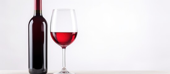 A bottle of red wine and a wine glass are placed on a table, ready to be enjoyed. The stemware and barware set the scene for a relaxing drink of this alcoholic beverage