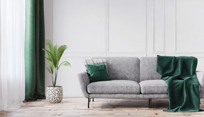 interior house with simple white background mock up. grey velvet sofa with green plaid on . modern space concept. 3d render.