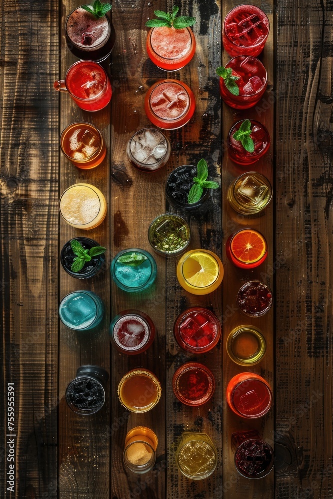 Poster various beverages displayed on rustic wooden table. ideal for food and beverage concepts.