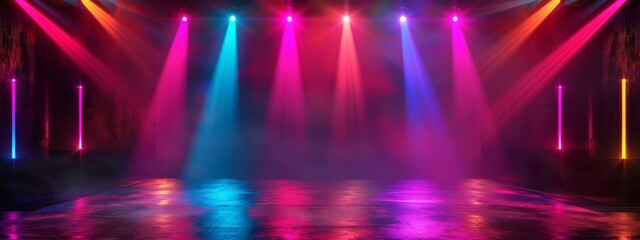Stage or floor or platform with colorful lights with copy space