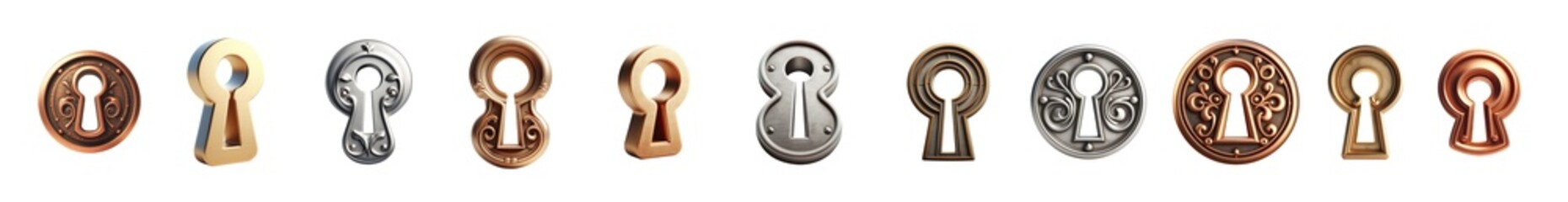 Collection of keyholes in various shapes and angles. 3D and flat. Keyhole set. Silver, bronze, copper, metal, golden, metal, Keyhole mega pack. Premium pen tool cutout. Antique and contemporary models