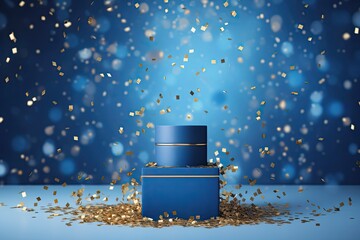 round blue podium for the presentation of luxury goods. golden glitter and glow behind the pedestal...